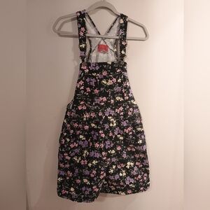 90s Y2K Vintage Floral Short Overalls Black with Pink & Purple Flowers